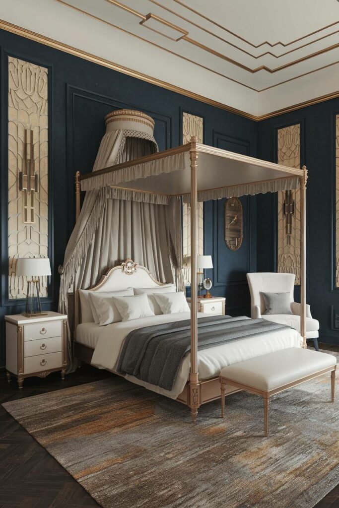 18. Dark Blue and White Contrast Art Deco Bedroom Design