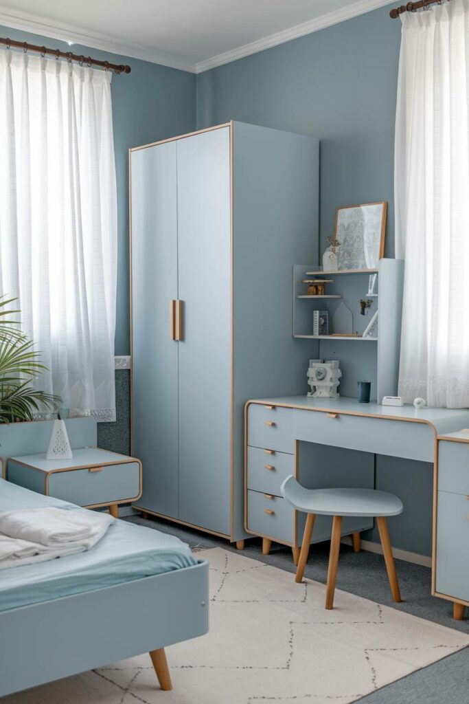 19. Blue and Wooden Furniture Simple Blue Bedroom Design