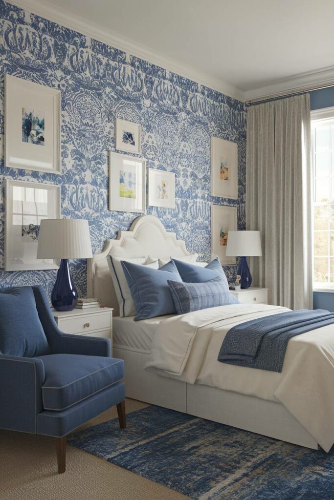 2. Cozy Blue and White Pattern Blue Bedroom Design