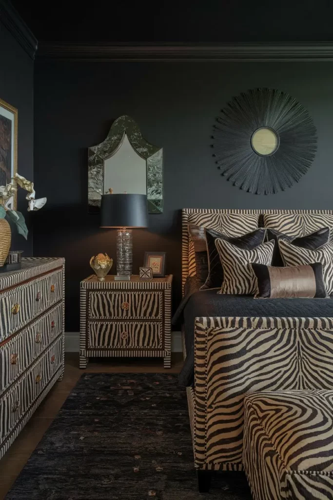 2. Dark and Dramatic Safari-Inspired Bedroom Design