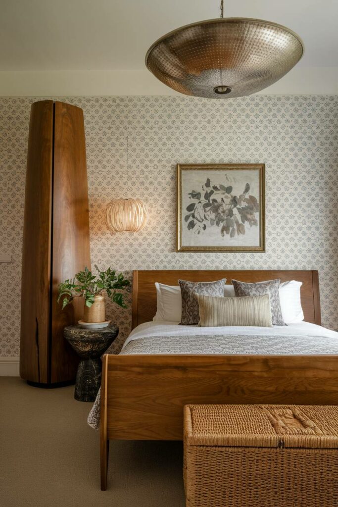 2. Patterned Wallpaper Eclectic Bedroom Design