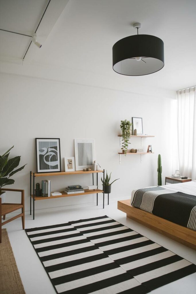 20. Black and White Striped Rug Modern Bedroom Design