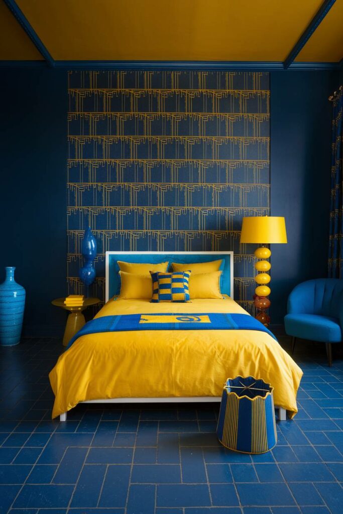 20. Bright Yellow and Blue Vibrance Art Deco Bedroom Design