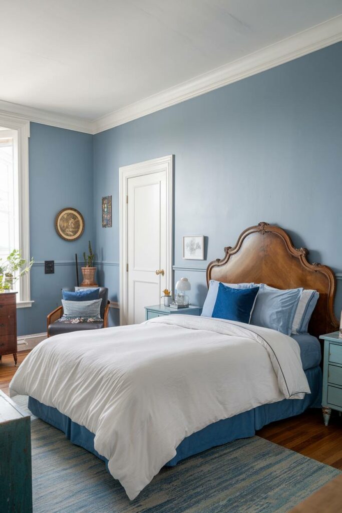 20. Modern and Vintage Furniture Mix Blue Bedroom Design