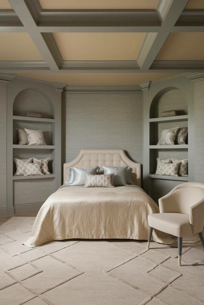 20. Soft Beige and Grey Boudoir Bedroom Design