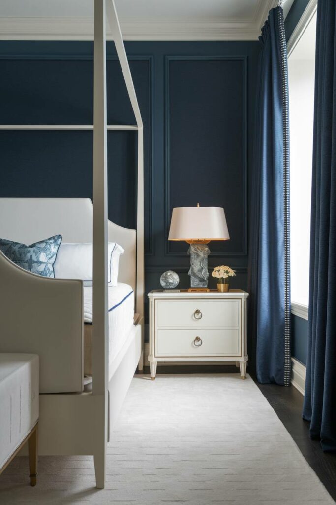 3. Dark Blue Wall and White Bed Luxury Bedroom Design