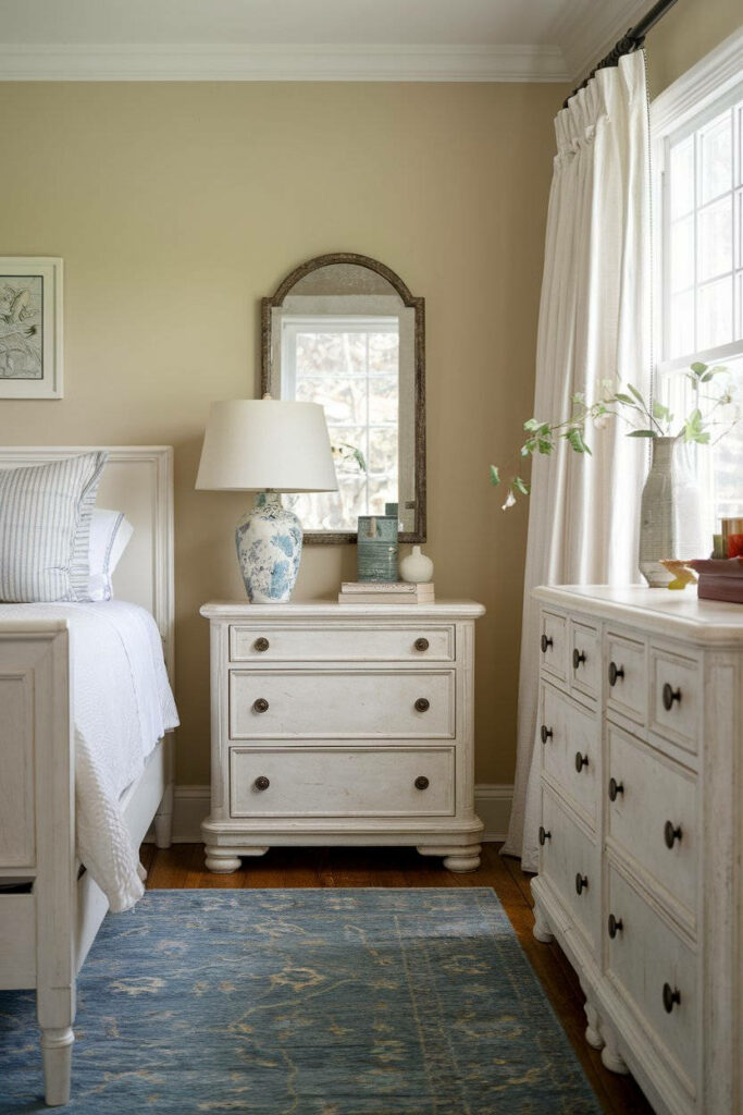 5. Beige and Blue Cape Cod Bedroom