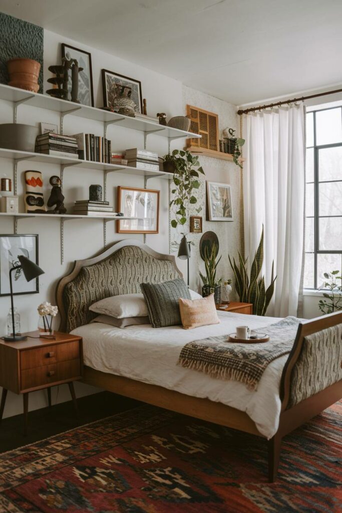 5. Shelved Wall Eclectic Bedroom Design