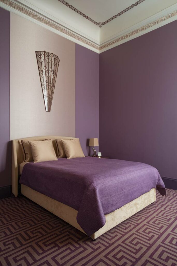 6. Purple and Beige Harmony Art Deco Bedroom Design