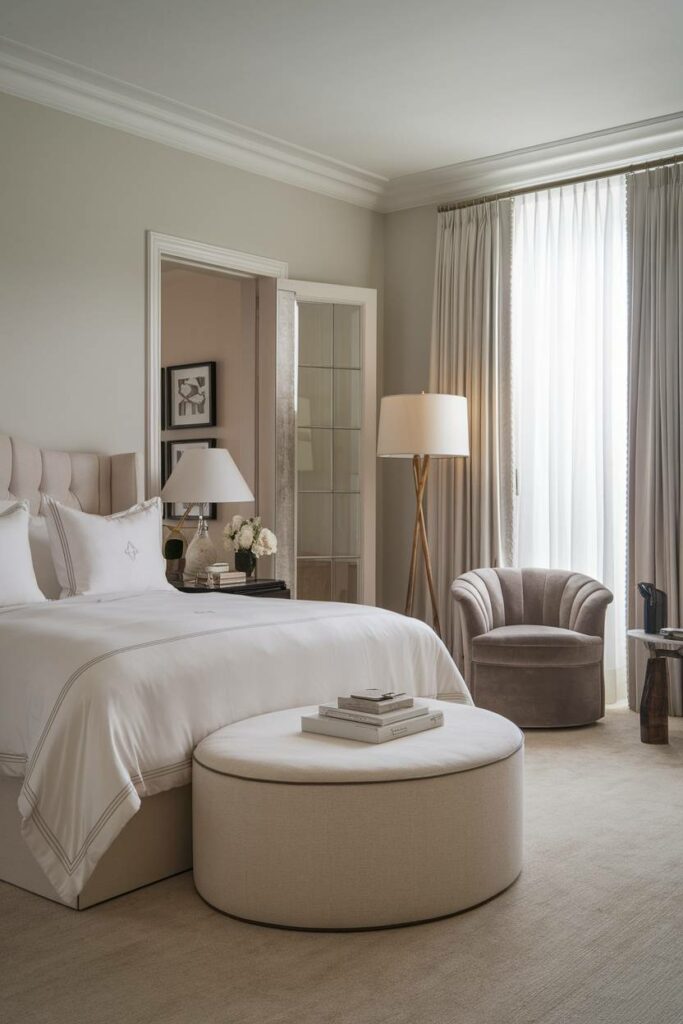 6. Soft Grey Walls and Beige Carpeting Luxury Bedroom Design