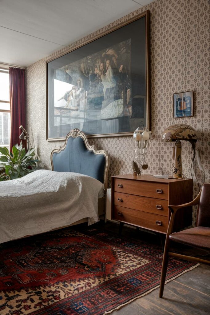 6. Victorian and Mid-Century Blend Eclectic Bedroom Design