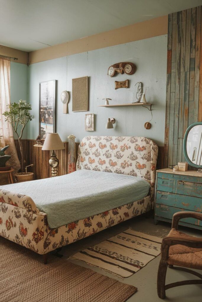 7. Floral Queen-Size Bed Eclectic Bedroom Design