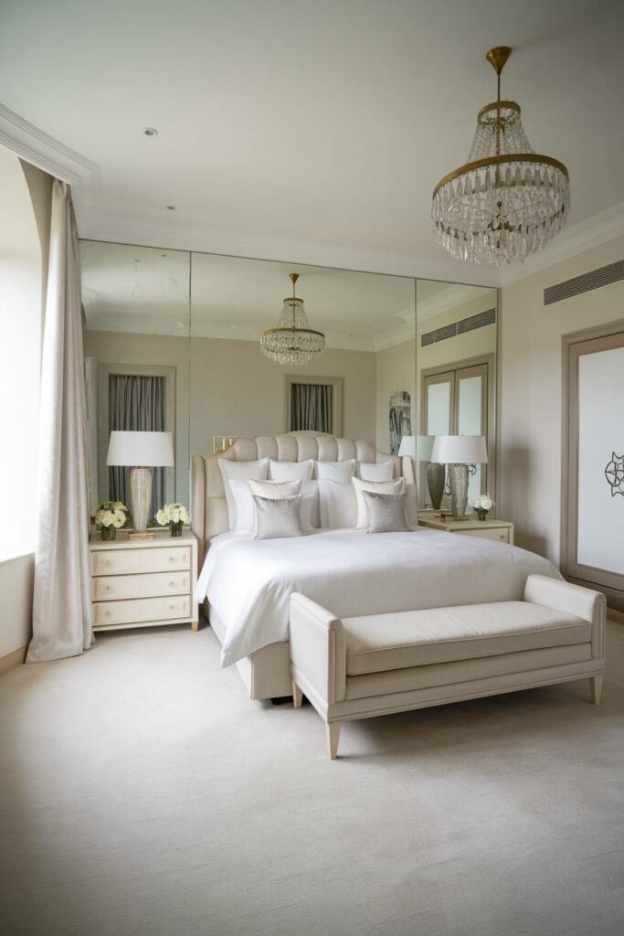 7. Light Color Scheme and Chandelier Luxury Bedroom Design