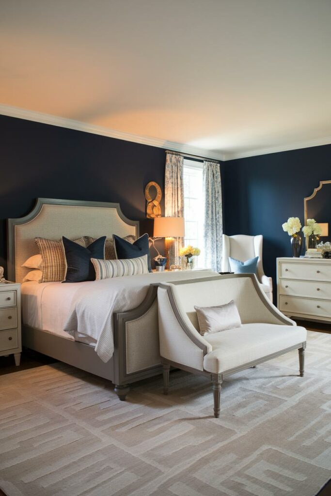 7. Navy Blue Accent Transitional Bedroom Design