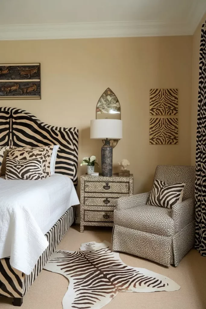 9. Bold Zebra Print Accents in a Serene Bedroom Design