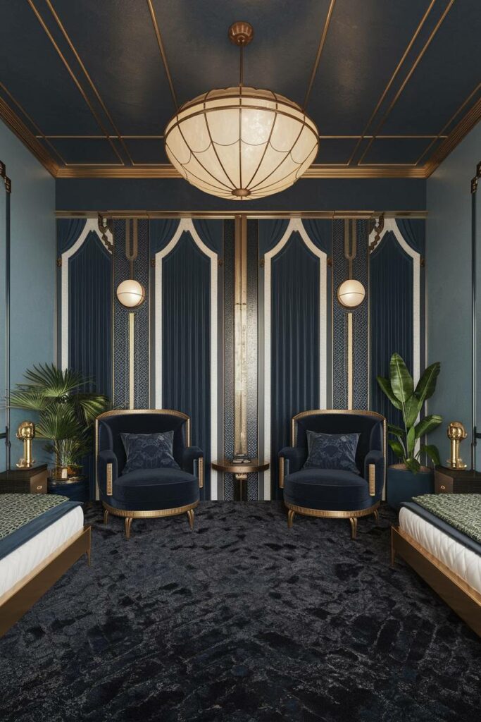 9. Dark Blue and Gold Opulence Art Deco Bedroom Design