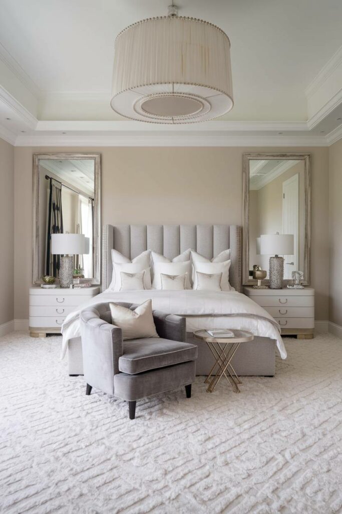 9. Statement Light Fixture and Soft Beige Walls Luxury Bedroom Design