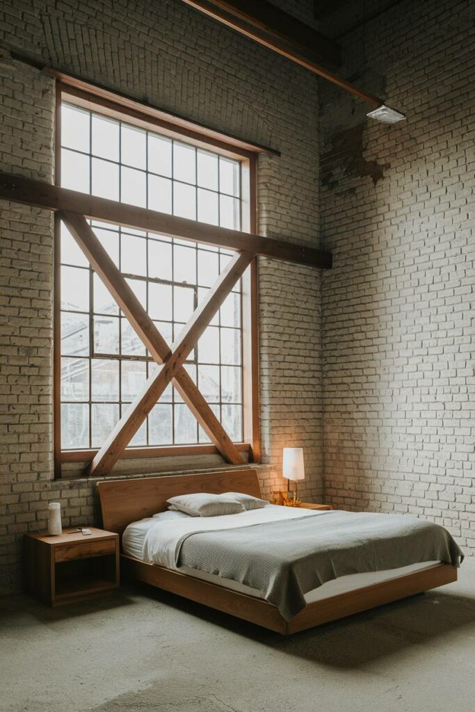 1. High Ceiling with Exposed Brick Walls Industrial Bedroom Design Ideas