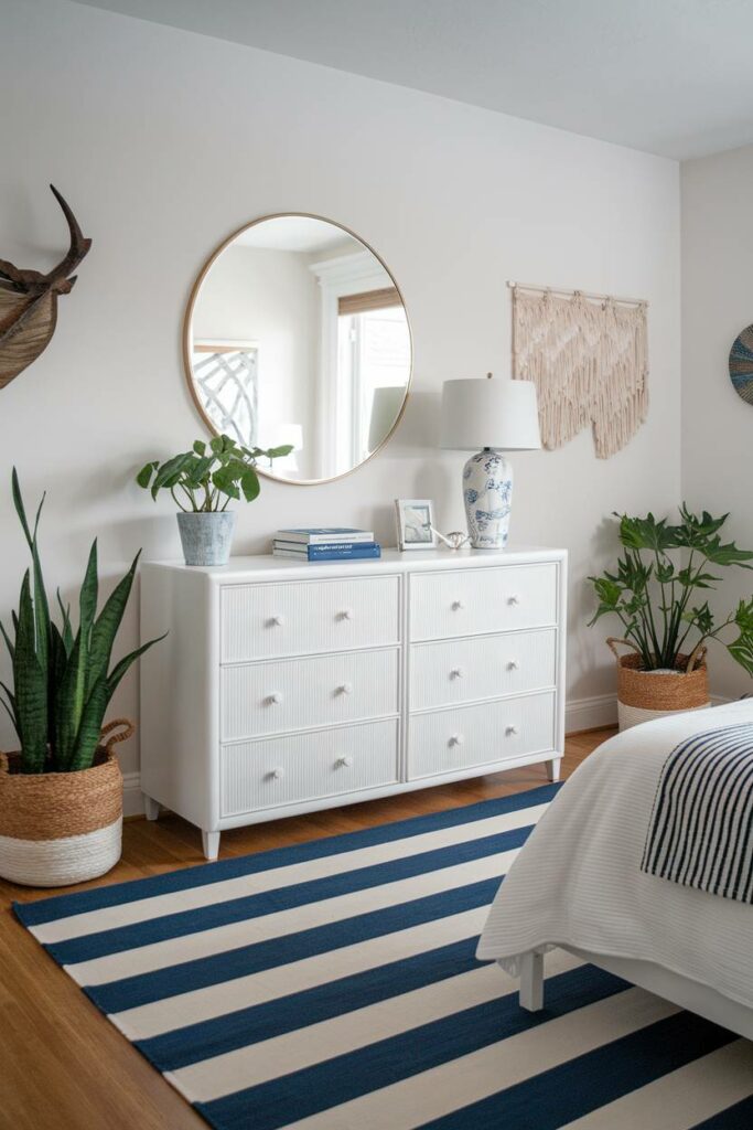 1. Minimalist White and Blue Coastal Bedroom Design