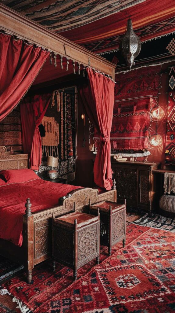 1. Vibrant Red Fabric Moroccan Bedroom Design Ideas