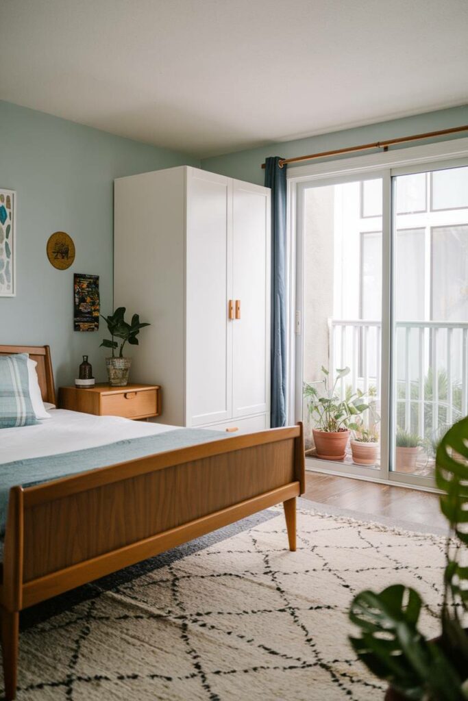 1. Wooden Bed Frame with Balcony Access Mid-Century Modern Bedroom Ideas