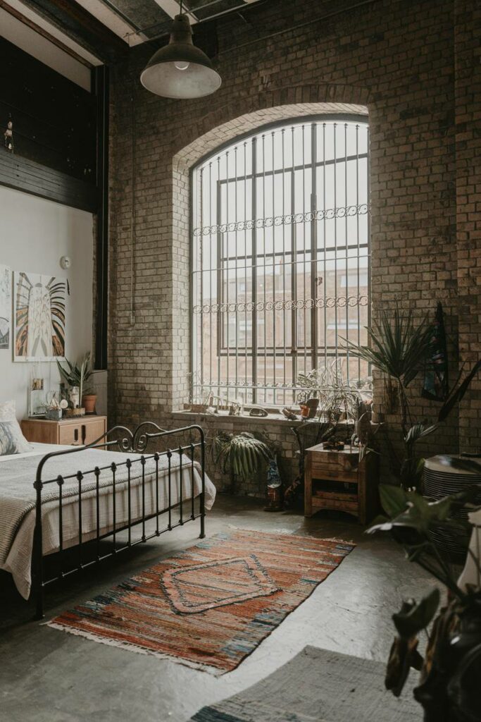 10. Hanging Lamp with Plants Industrial Bedroom