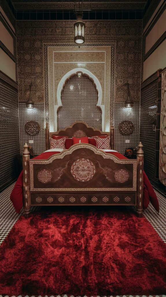 10. Plush Red Rug Luxury Moroccan Bedroom