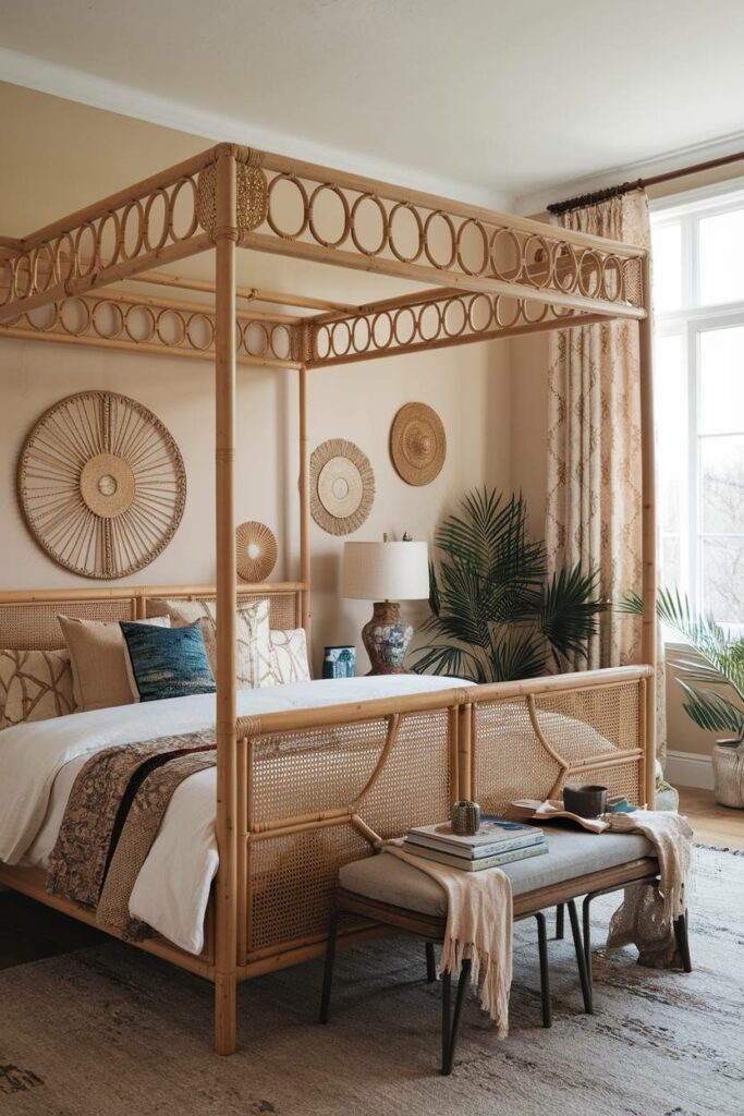 10. Rattan Canopy Bed Bohemian Bedroom