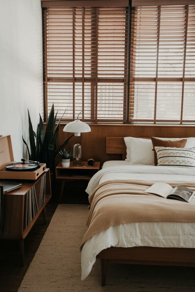 10. Record Player and Dark Green Plant Mid-Century Modern Bedroom