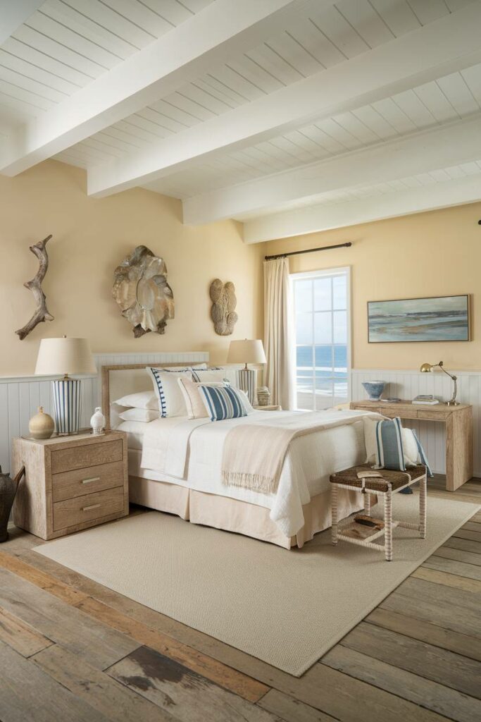 11. Beachy View Coastal Bedroom Design