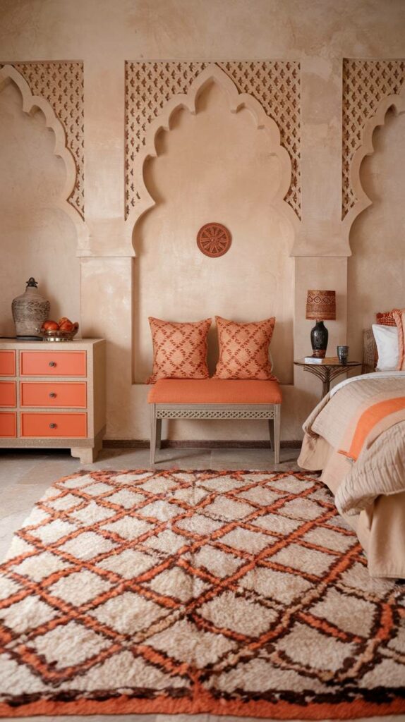 11. Beige and Orange Patterned Moroccan Bedroom