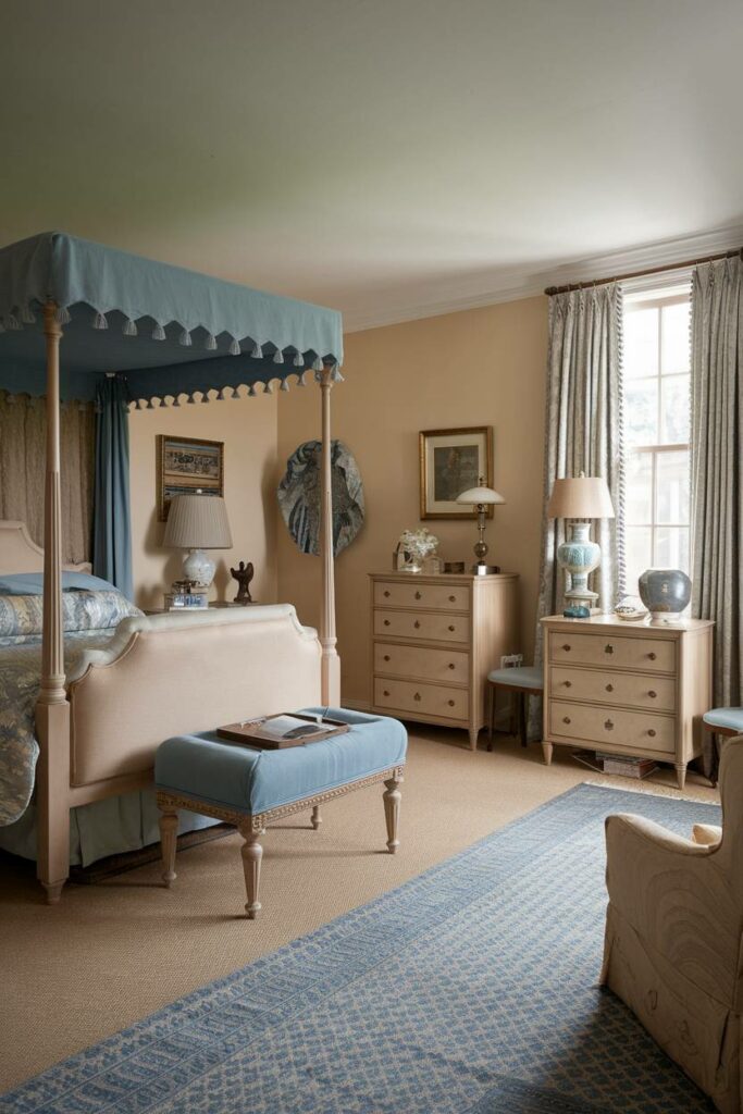 11. Blue Canopy Elegance Vintage Bedroom Design