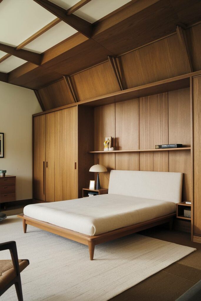 11. Light-Colored Fabric Bed with Built-In Wardrobe Mid-Century Modern Bedroom