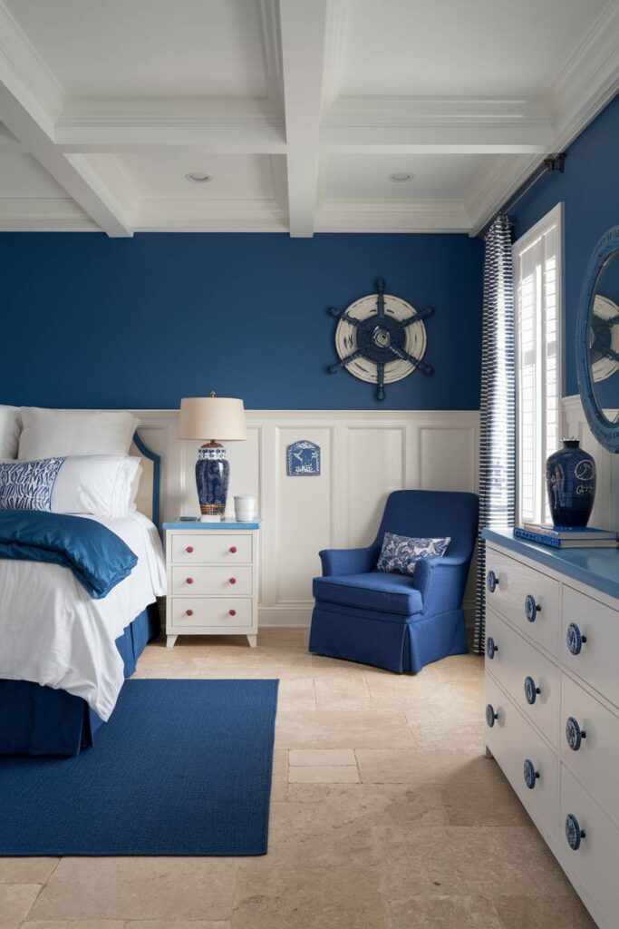 12. Blue Accent Wall with Wainscoting Coastal Bedroom Design