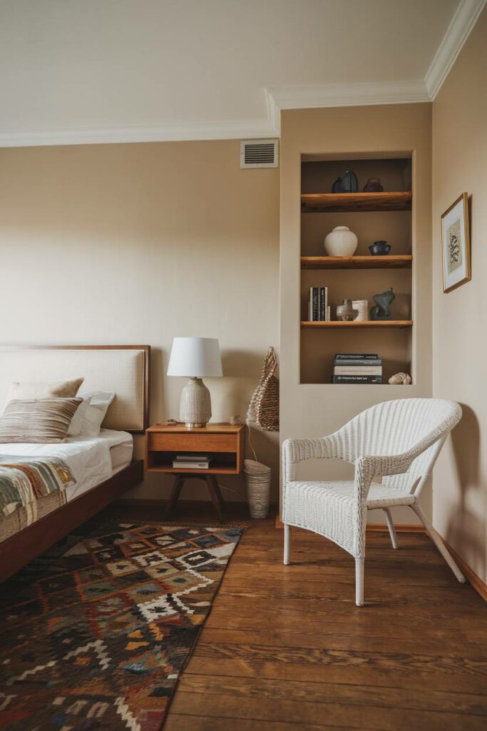 12. Cozy Atmosphere with Wicker Chair Mid-Century Modern Bedroom