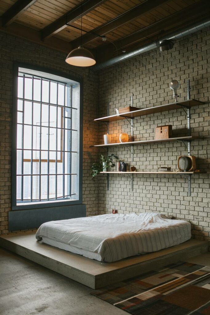 12. Lofted Bed with Metallic Shelves Industrial Bedroom