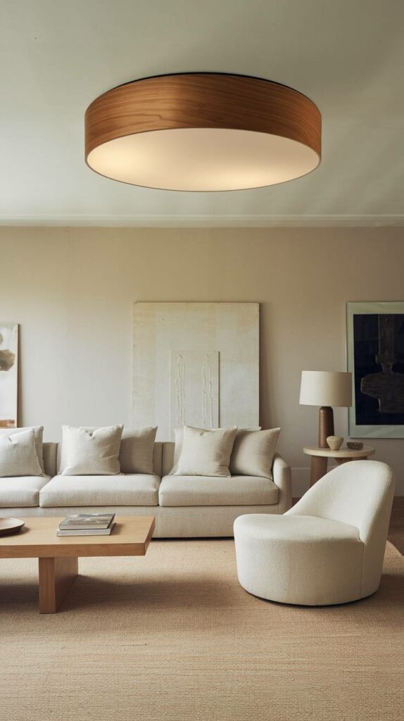 12. Wooden Base White Shade Ceiling Lamp