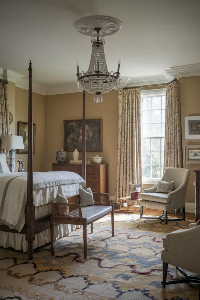 13. Beige Walls and Patterned Rug Traditional Bedroom Design