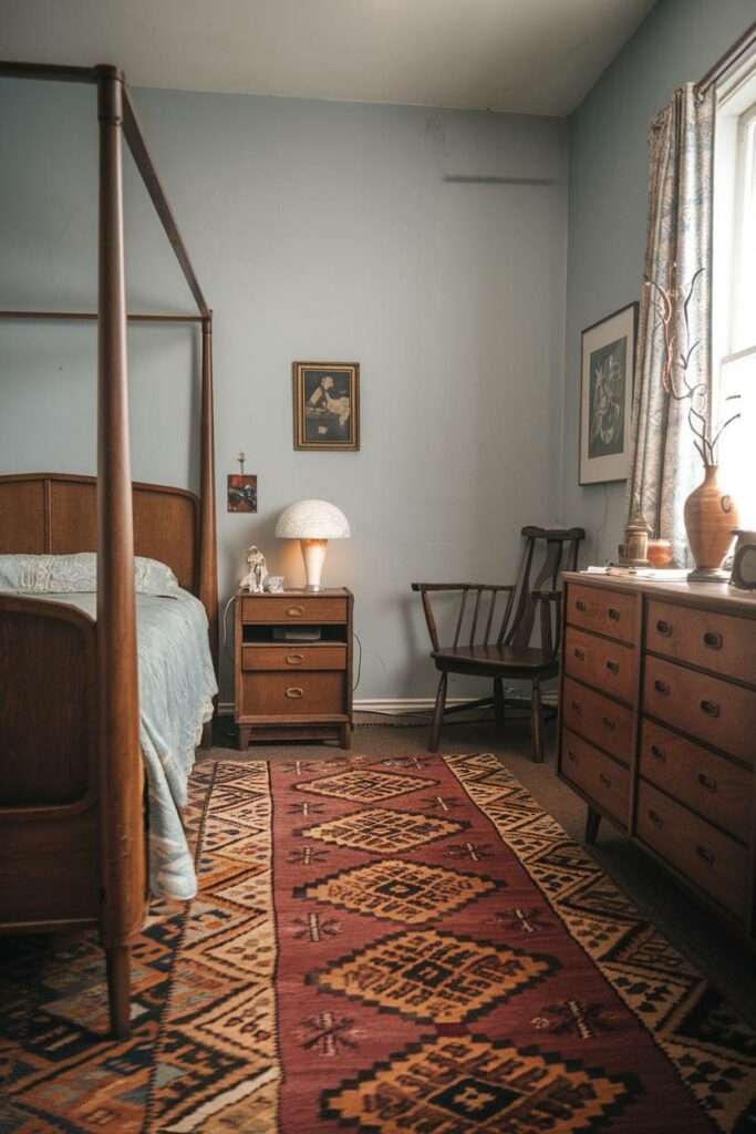 13. Light Blue and Patterned Rug Vintage Bedroom Design