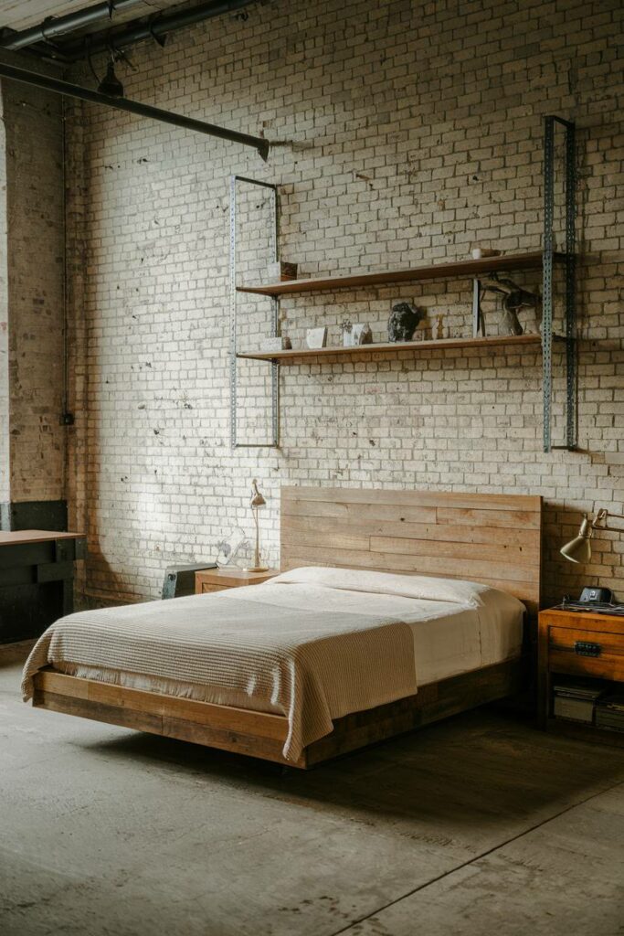 13. Rustic Queen-Size Bed with Metal Shelf Industrial Bedroom