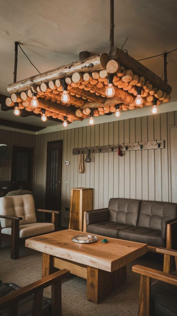 13. Rustic Wooden Log Ceiling Lamp