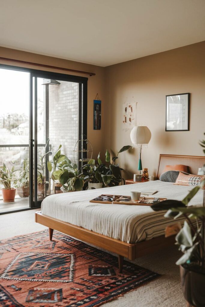 13. Sliding Glass Door with Potted Plants Mid-Century Modern Bedroom