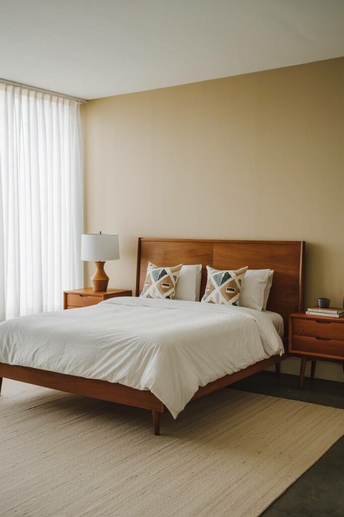 14. Beige Rug and White Curtains Mid-Century Modern Bedroom