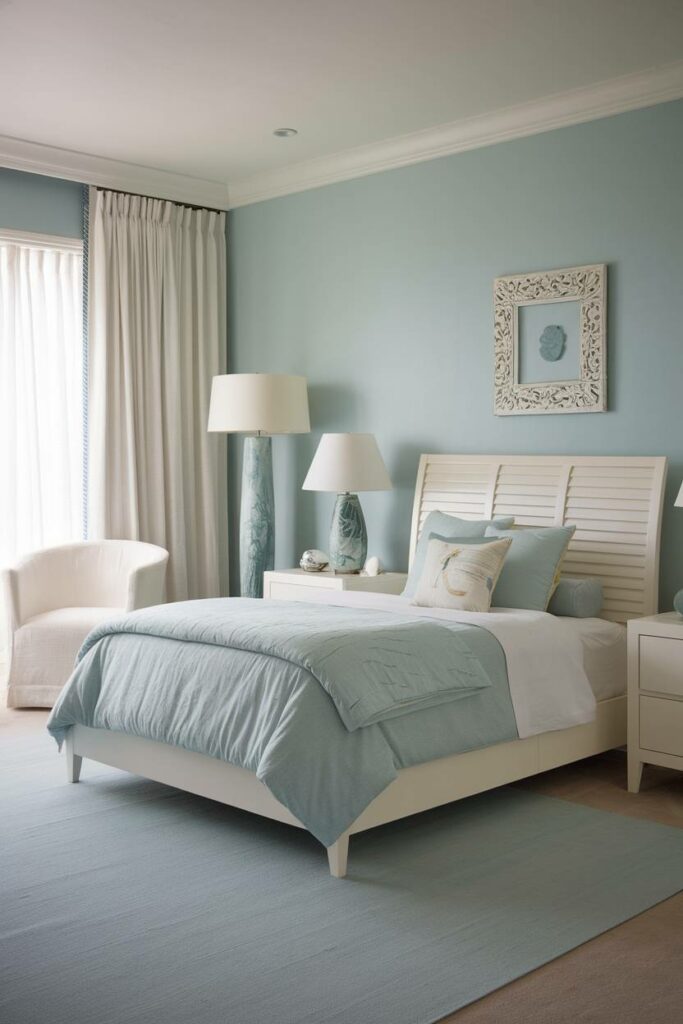 14. Light Blue and White Coastal Bedroom Design