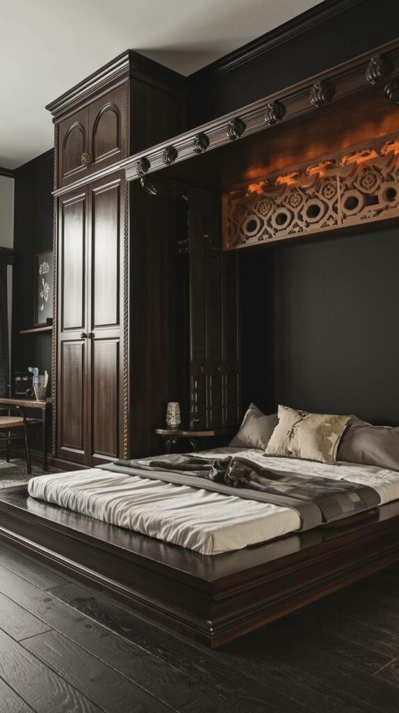 14. Low Wooden Platform Bed Black Bedroom