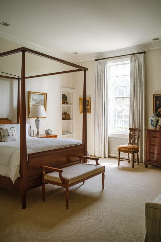 14. White Walls and Beige Carpet Traditional Bedroom Design