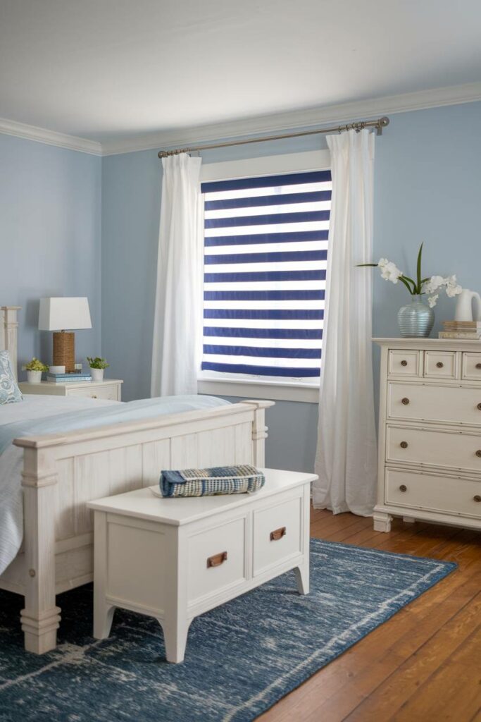 15. Blue Stripes Window Coastal Bedroom Design