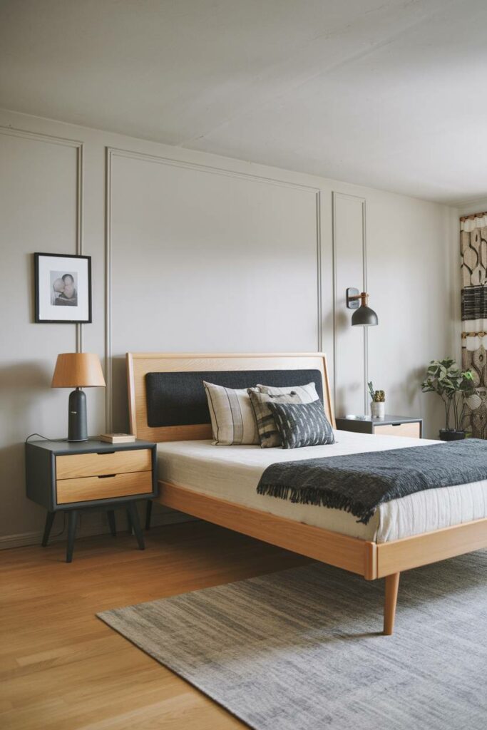 15. Light Wooden Floor and Dark Grey Headboard Mid-Century Modern Bedroom