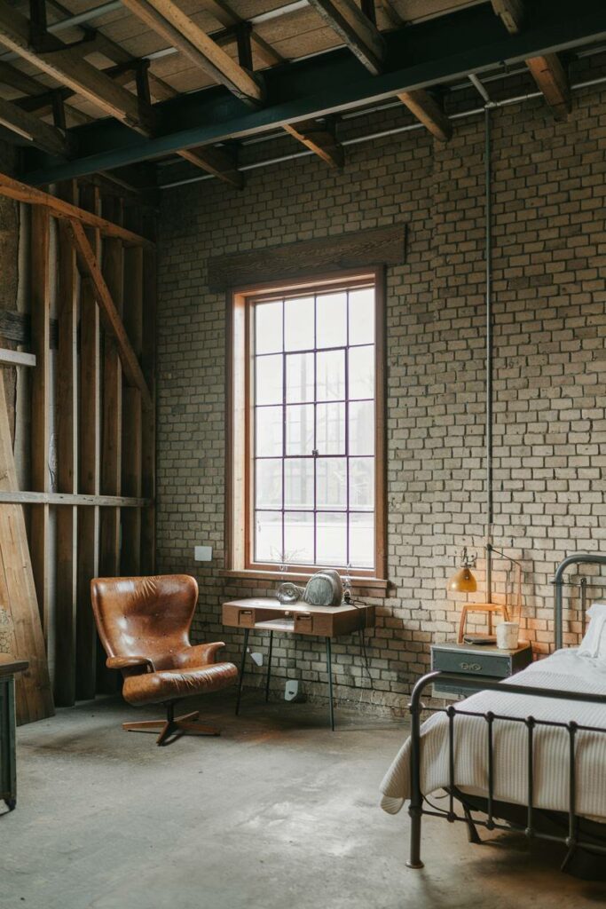 15. Worn-Out Leather Chair with Vintage Lamp Industrial Bedroom