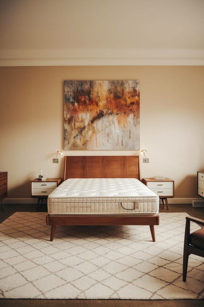 16. Abstract Painting with Warm Lighting Mid-Century Modern Bedroom